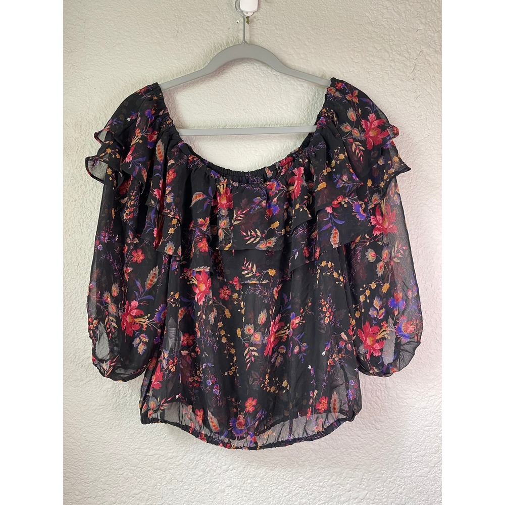 Forever 21 Floral Ruffle Off Shoulder‎ Sheer Blouse Flowy Top Large
